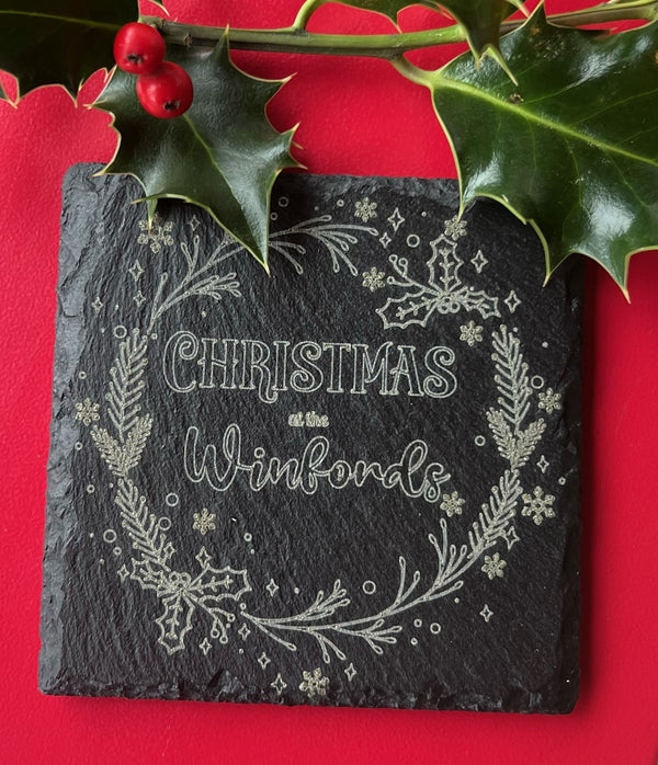 Personalised Slate Coaster - Christmas at the 'Family Name'
