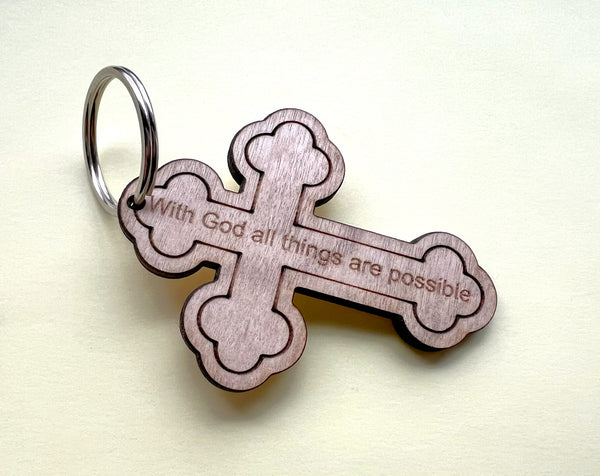 Wooden Cross Engraved Keyring with Biblical Quote